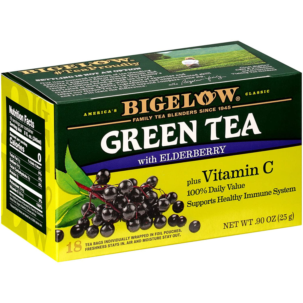Bigelow Green Tea with Elderberry plus Vitamin C, Caffeinated, 18 Count (Pack of 6), 108 Total Tea Bags